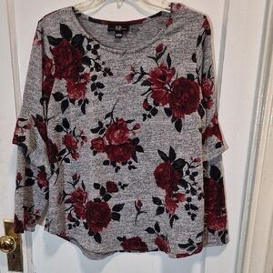 AGB Gray and Red Floral Long Sleeve Top